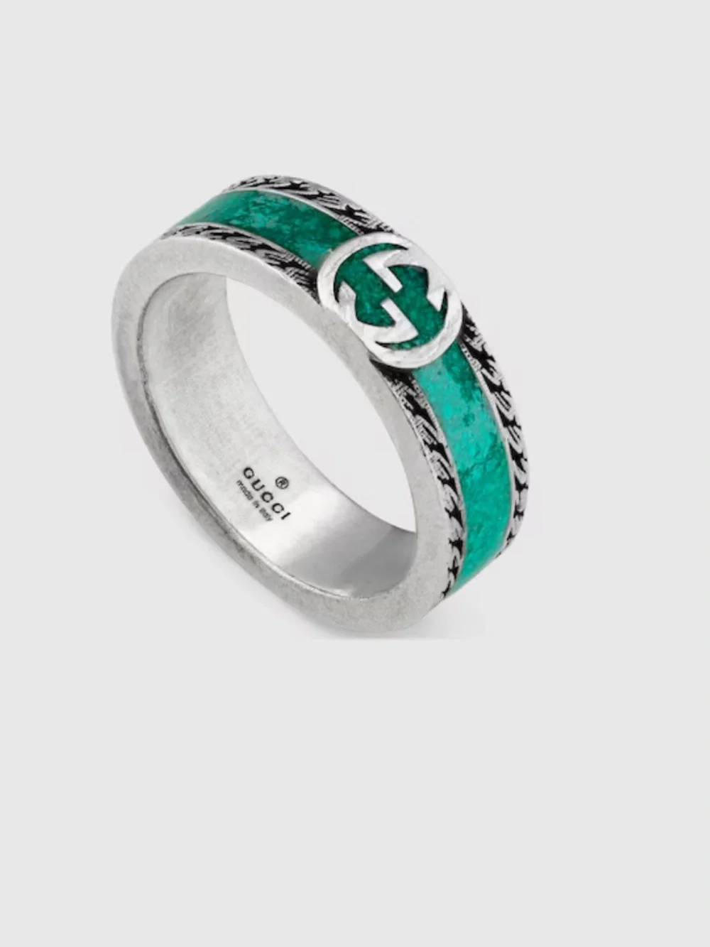 NWT GUCCI INTERLOCKING G RING STERLING SILVER TURQUOISE ENAMEL DESIGNER SIZE: 21